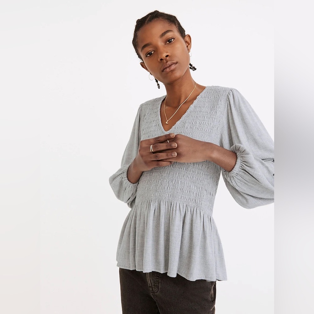 Madewell Lucie V-Neck Smocked Peplum Top in Wool Gauze